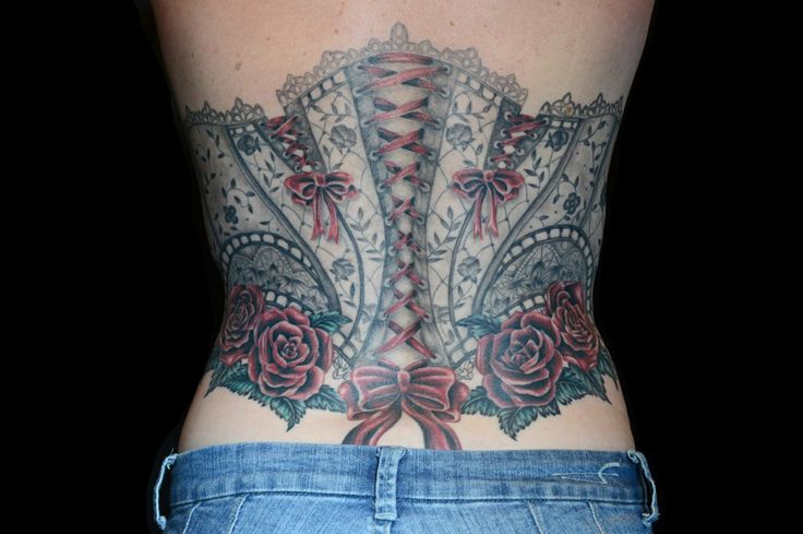 Attractive Black And Red Corset With Roses Tattoo On Lower Back