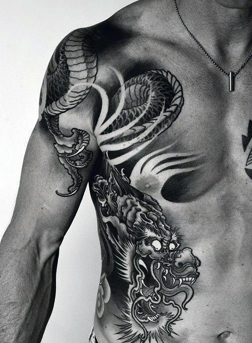 Attractive Black Dragon Tattoo On Man Left Side Rib