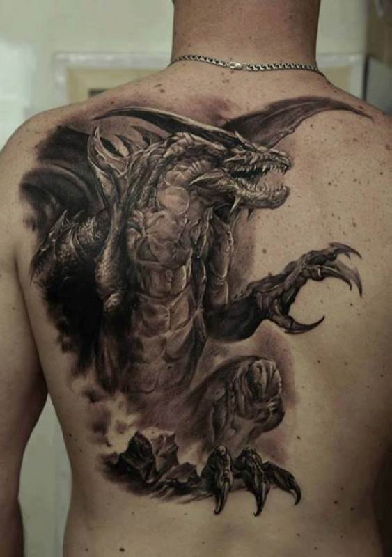 Attractive Black Ink 3D Dragon Tattoo On Left Back Shoulder By Dmitriy Samohin