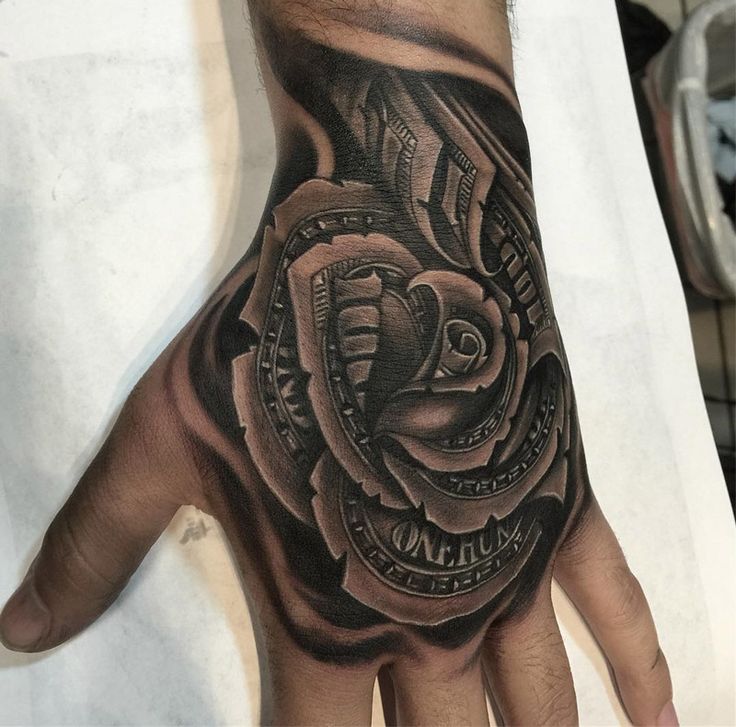 Attractive Black Ink 3D Money Rose Tattoo On Left Hand