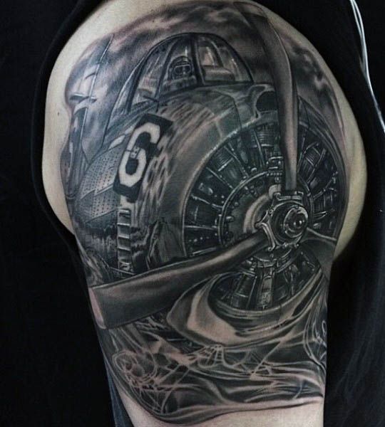Attractive Black Ink Airplane Tattoo On Right Shoulder By Jasen Workman