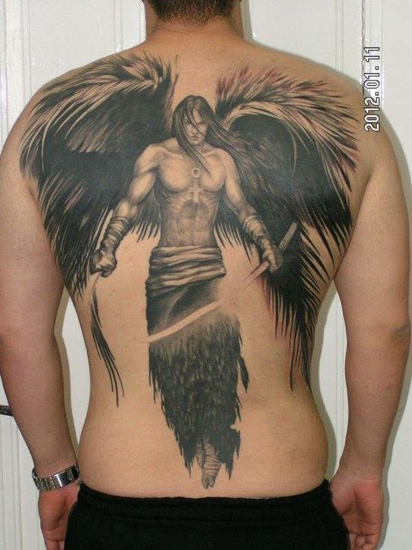 Attractive Black Ink Archangel Michael Tattoo On Man Full Back