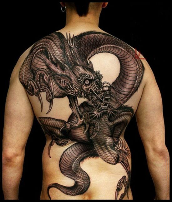 Attractive Black Ink Chinese Dragon Tattoo On Man Full Back