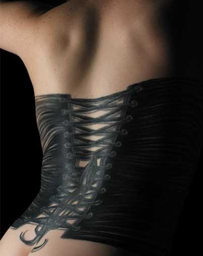 Attractive Black Ink Corset Tattoo On Women Full Back