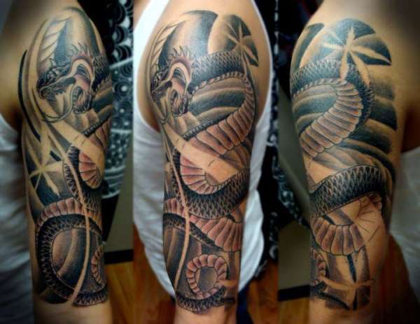 Attractive Black Ink Dragon Tattoo On Left Half Sleeve