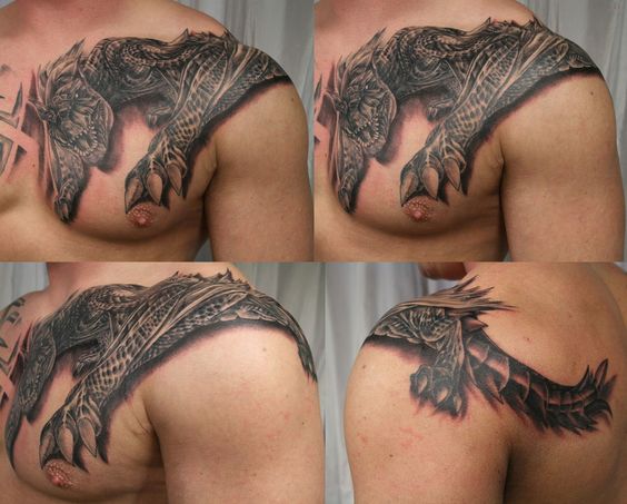 Attractive Black Ink Dragon Tattoo On Man Left Front Shoulder