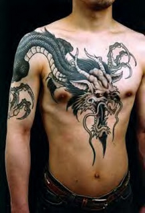Attractive Black Ink Dragon Tattoo On Man Right Shoulder And Chest