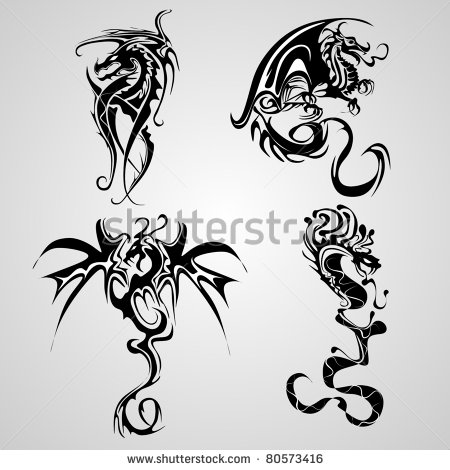 Attractive Black Ink Four Dragons Tattoo Design