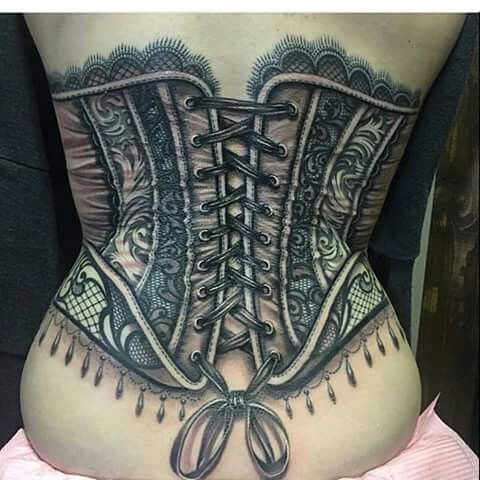 Attractive Black Ink Lace Corset Tattoo On Back