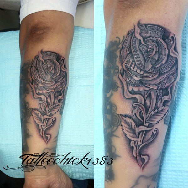 Attractive Black Ink Money Rose Tattoo On Right Forearm