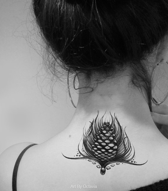Attractive Black Ink Pine Cone Tattoo On Women Upper Back By Octavia