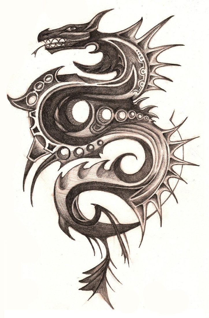 Attractive Black Ink Tribal Dragon Tattoo Design By Poortommy