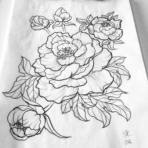 Attractive Black Outline Peony Flowers Tattoo Design