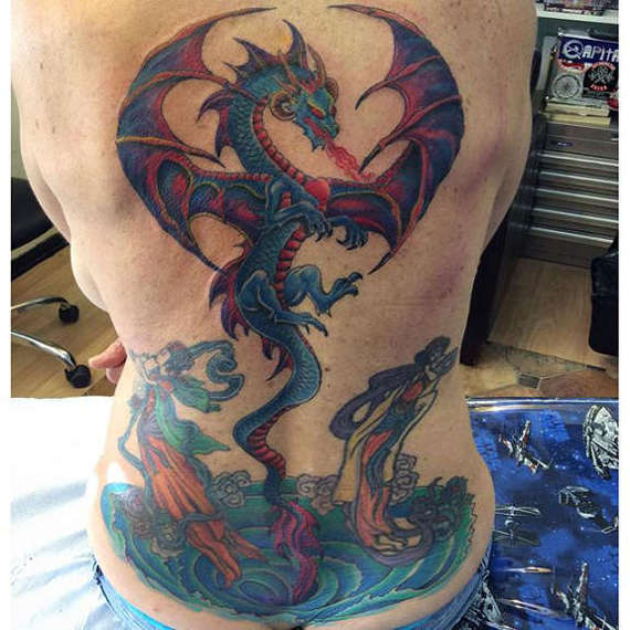 Attractive Colorful Dragon Tattoo On Full Back
