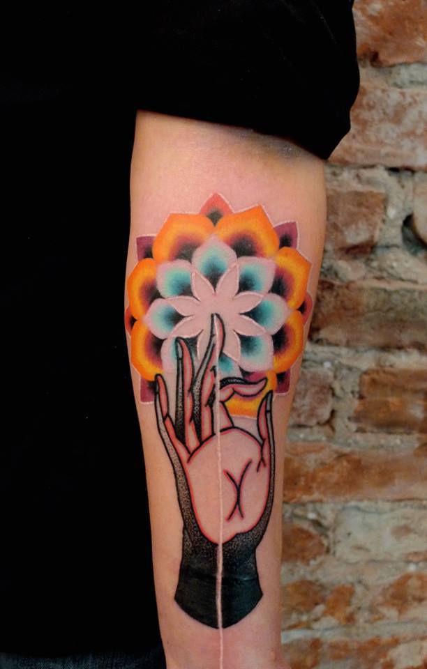 Attractive Colorful Flowers Tattoo On Left Arm By Mariusz Trubisz