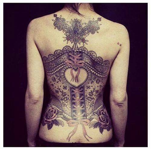Attractive Corset Tattoo On Girl Full Back