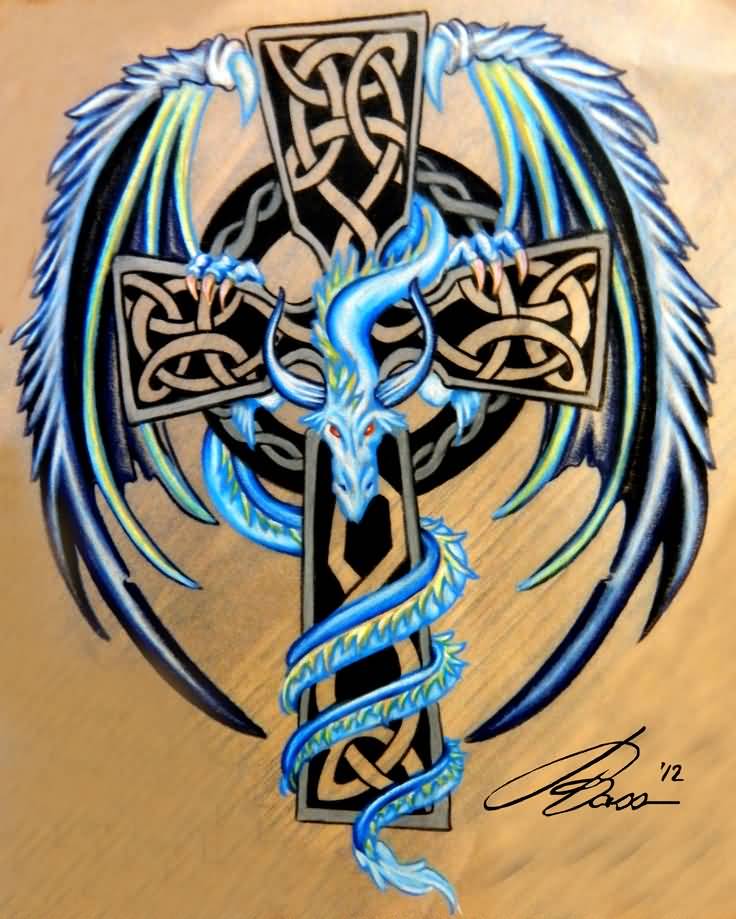 Attractive Dragon With Celtic Cross Tattoo Design