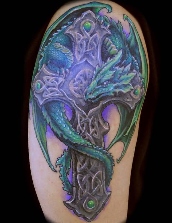 Attractive Dragon With Cross Tattoo On Right Half Sleeve By Jackie Rabbit