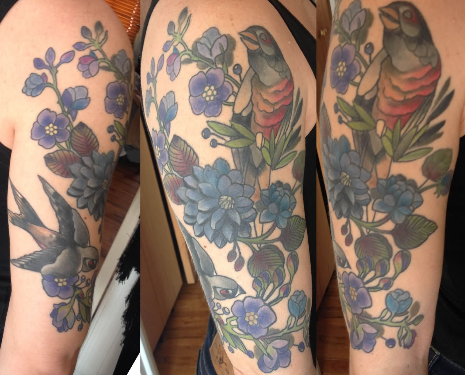 Attractive Geranium Flowers With Birds Tattoo On Right Half Sleeve