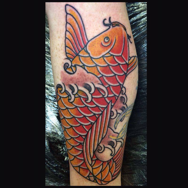 Attractive Koi Fish Tattoo On Leg Calf By Chris Martin