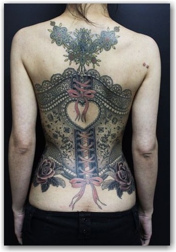 Attractive Lace Corset Tattoo On Girl Full Back