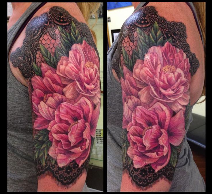 Attractive Realistic Peony Flowers Tattoo On Girl Left Half Sleeve