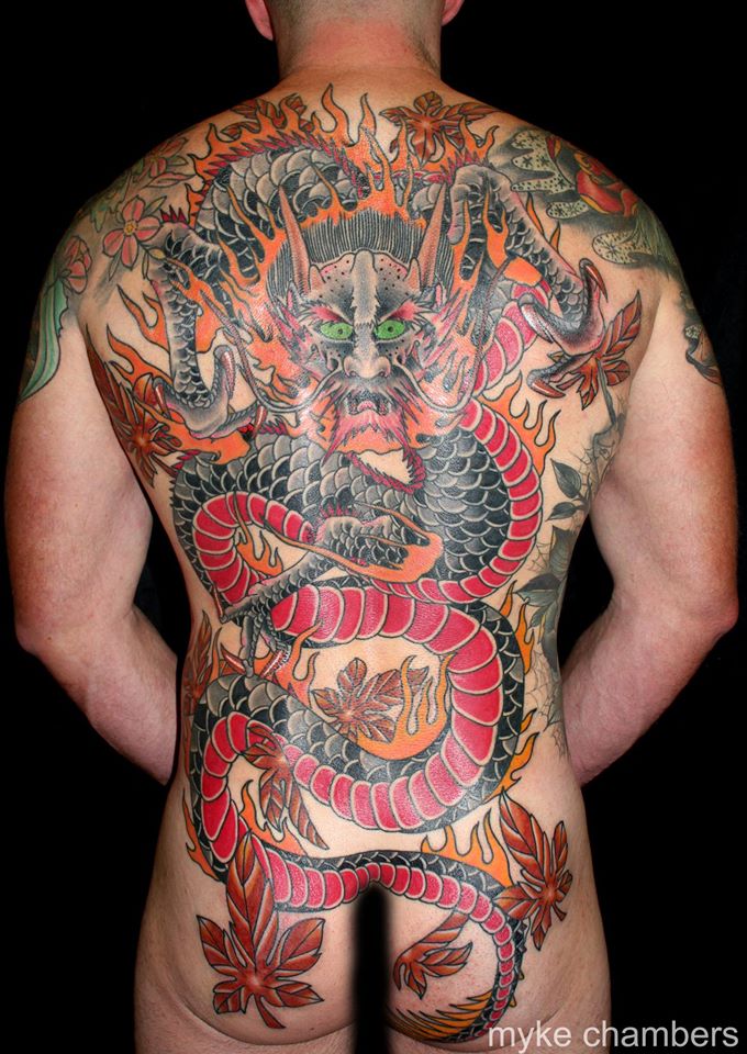 Attractive Traditional Dragon Tattoo On Man Full Back By Myke Chambers