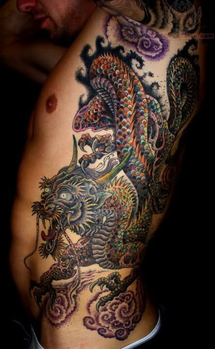 Attractive Traditional Dragon Tattoo On Man Left Side Rib
