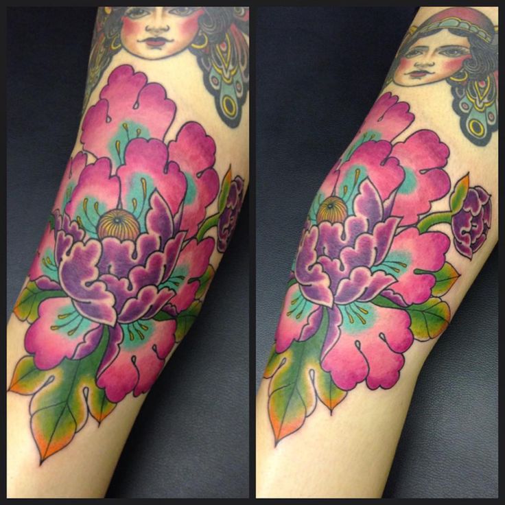 Attractive Traditional Peony Flower Tattoo Design For Sleeve