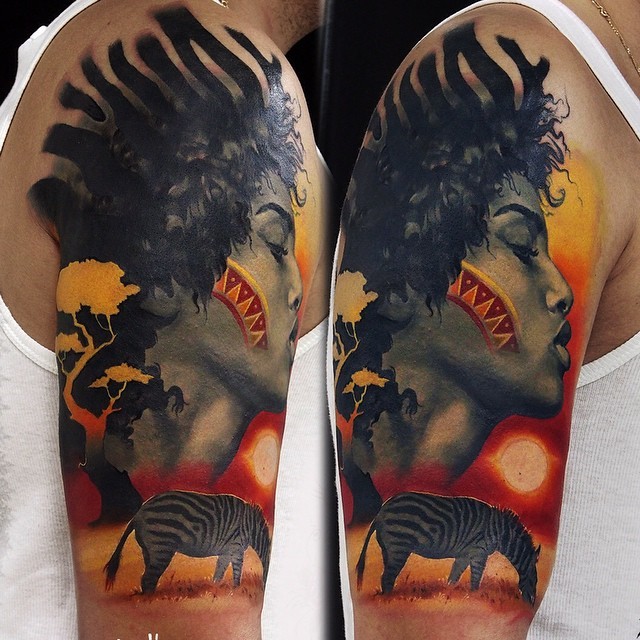Awesome 3D African Women Head With Zebra Tattoo On Man Right Half Sleeve
