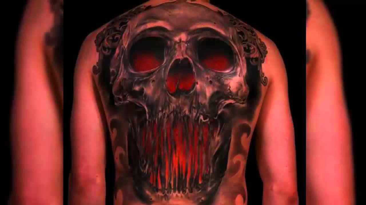 Awesome 3D Skull Tattoo On Man Full Back