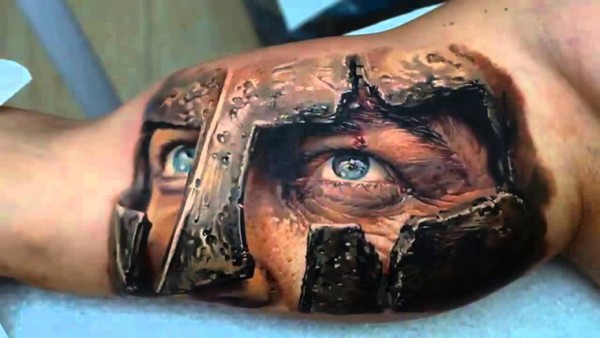 Awesome 3D Warrior Head Tattoo On Right Bicep