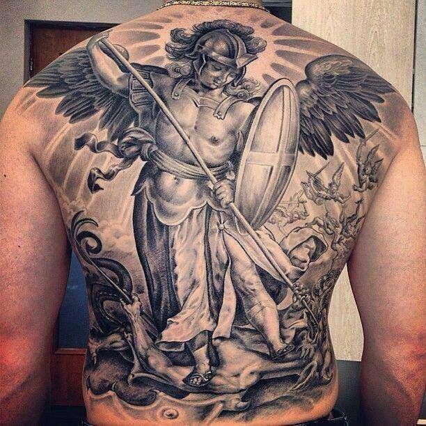 Awesome Black And Grey 3D Archangel Michael Tattoo On Man Full Back