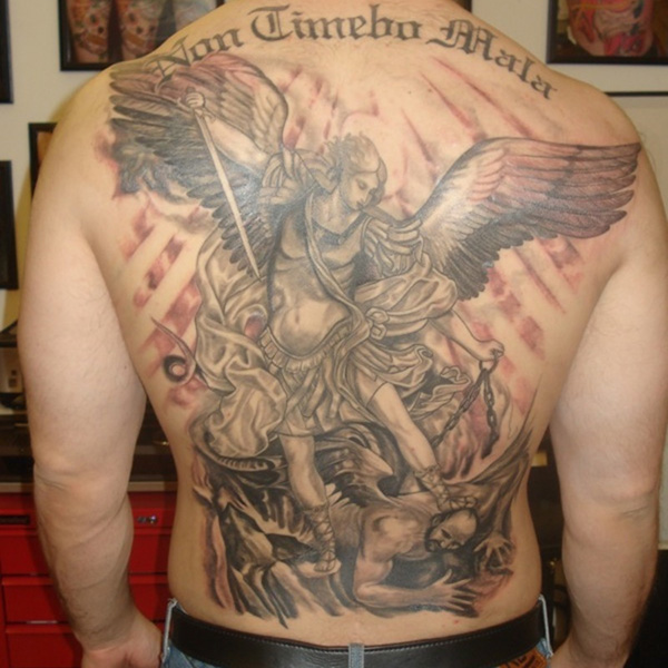 Awesome Black And Grey Archangel Michael Tattoo On Man Full Back