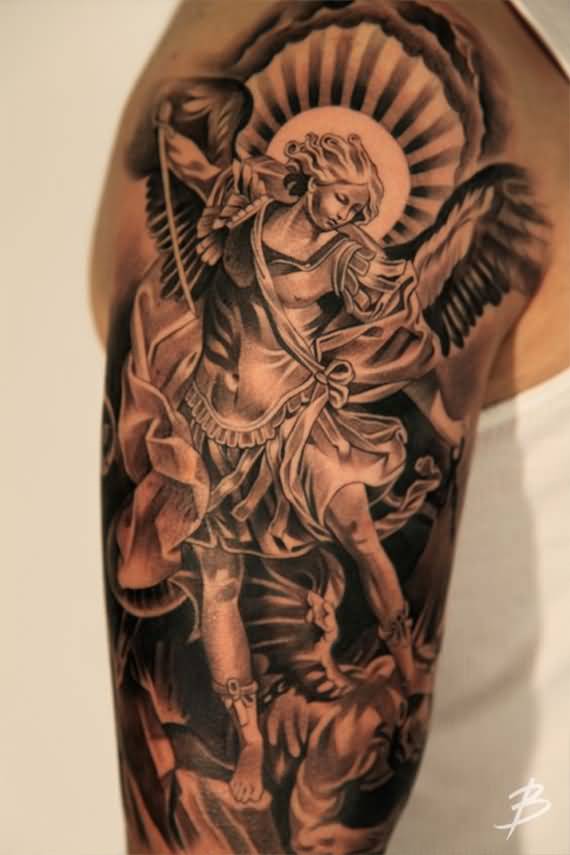 Awesome Black And Grey Archangel Michael Tattoo On Man Right Half Sleeve