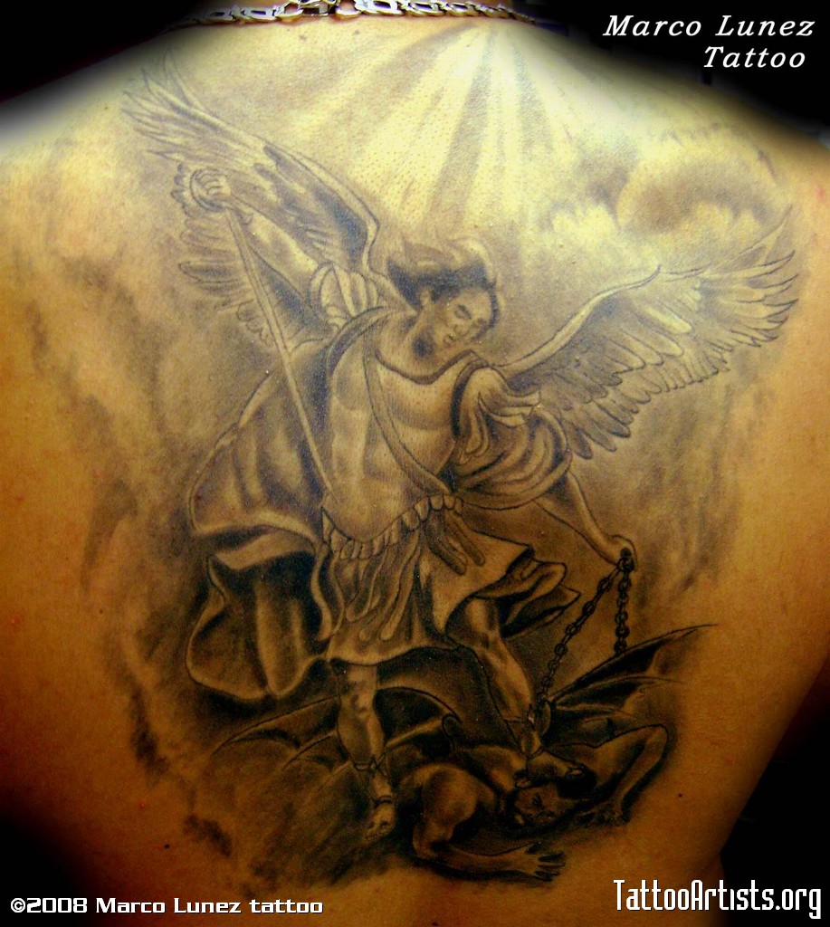 Awesome Black And Grey Archangel Michael Tattoo On Man Upper Back