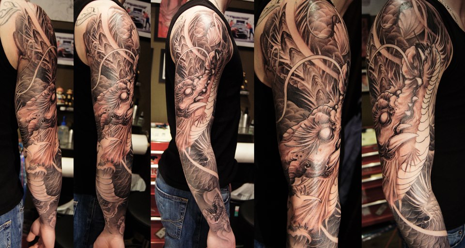 Awesome Black And Grey Dragon Tattoo On Man Right Full Sleeve