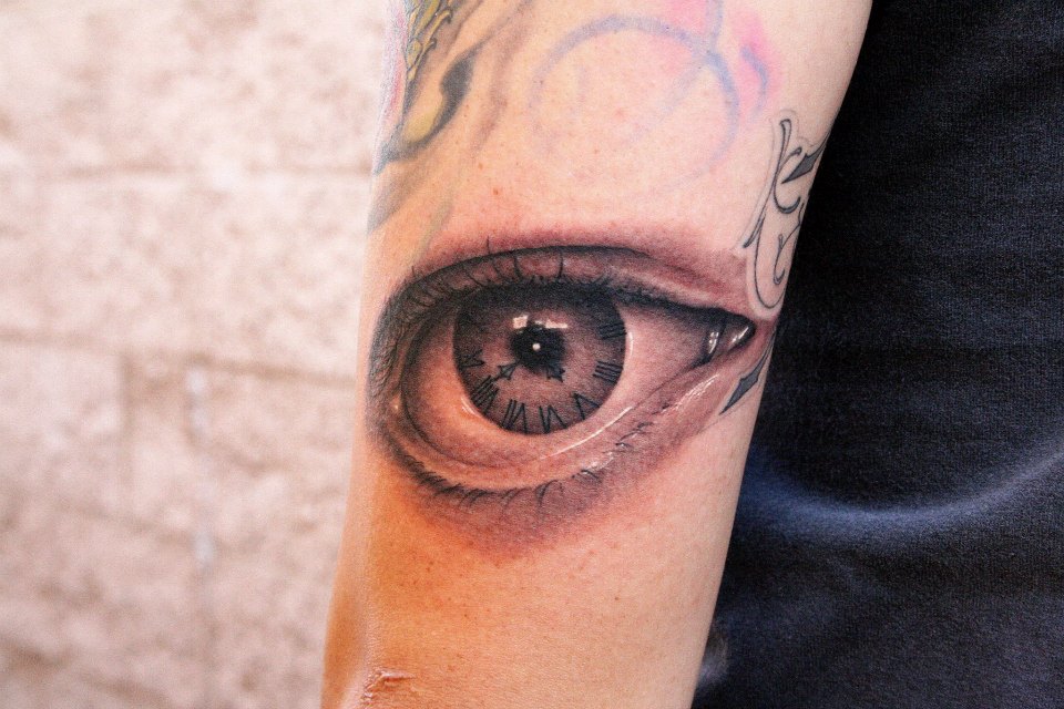 Awesome Black And Grey Eye Tattoo On Half Sleeve