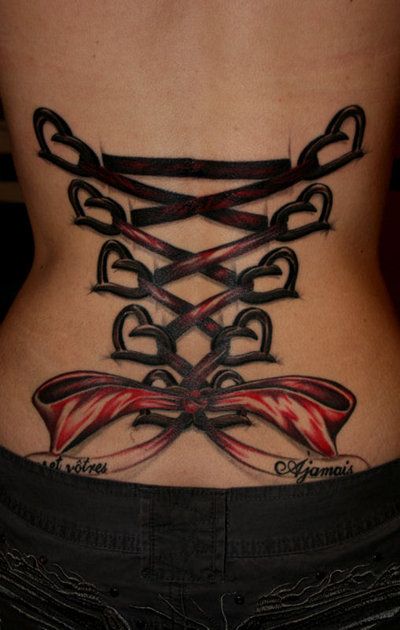 Awesome Black And Red Corset With Bow Tattoo On Lower Back By Bekah