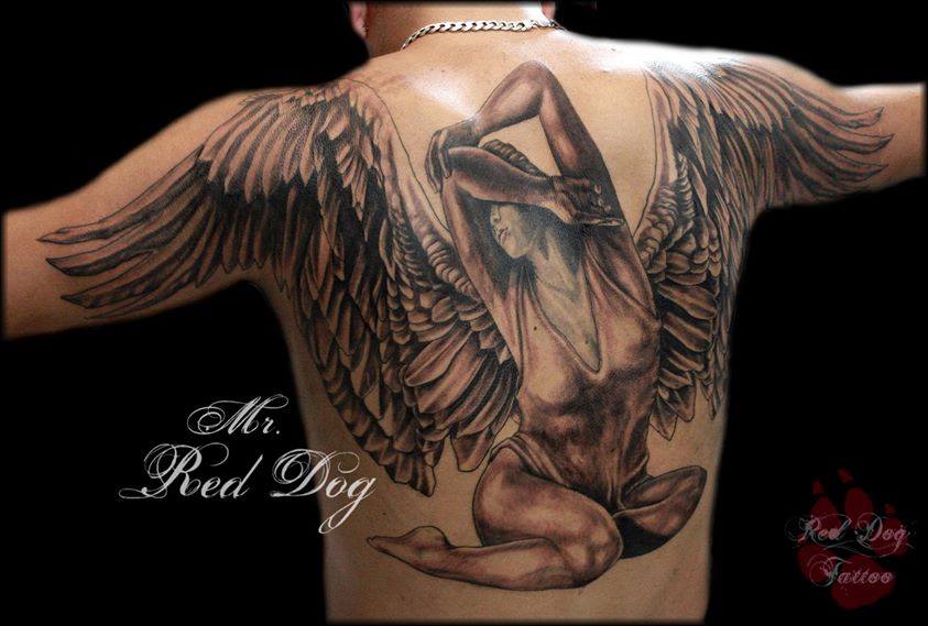 Awesome Black Ink Angel Tattoo On Man Upper Back
