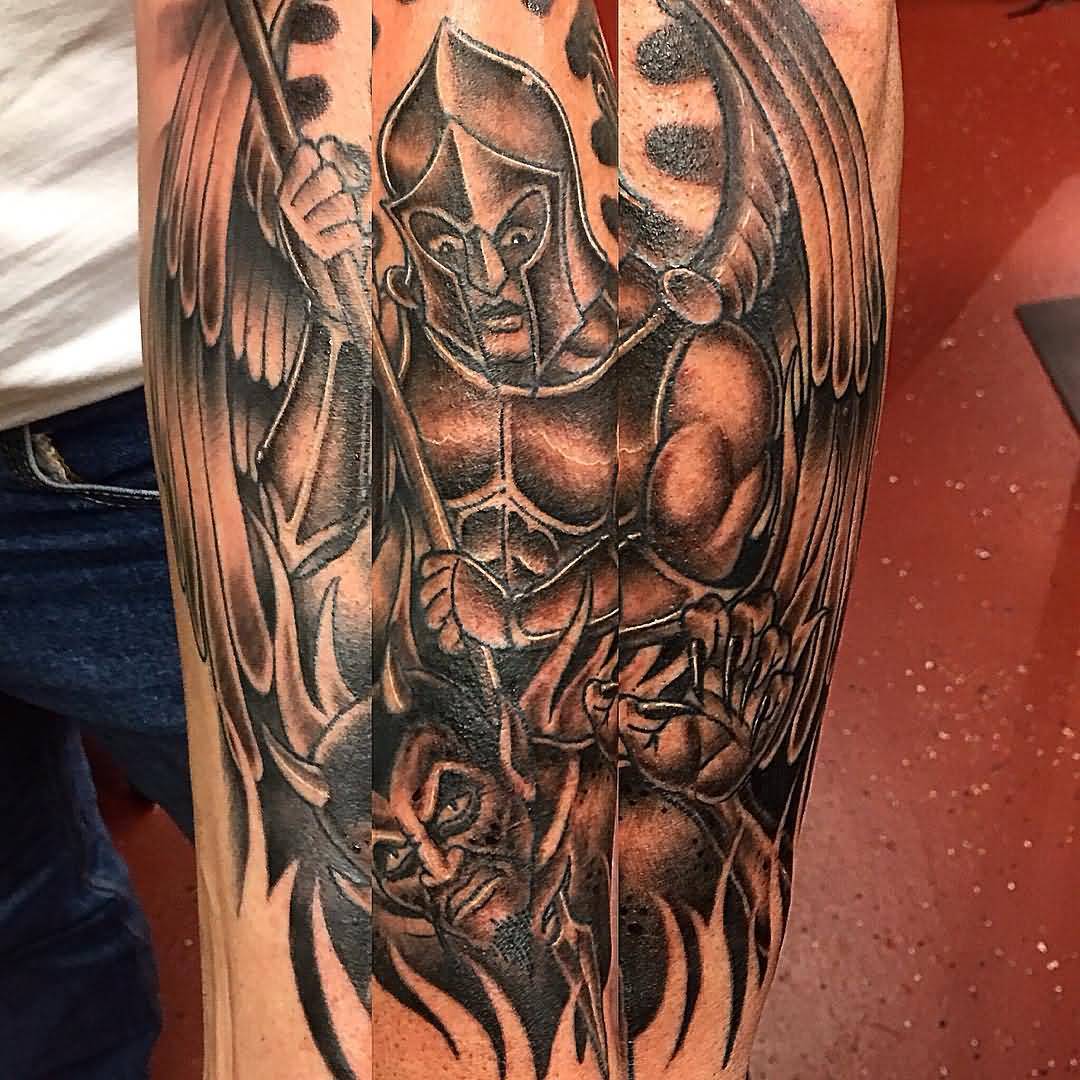Awesome Black Ink Archangel Michael Tattoo Design For Sleeve