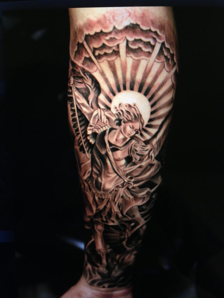 Awesome Black Ink Archangel Michael Tattoo On Forearm