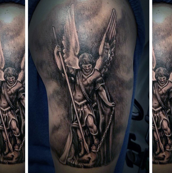 Awesome Black Ink Archangel Michael Tattoo On Left Half Sleeve
