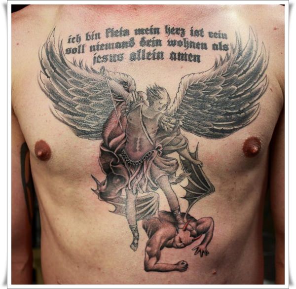 Awesome Black Ink Archangel Michael Tattoo On Man Chest