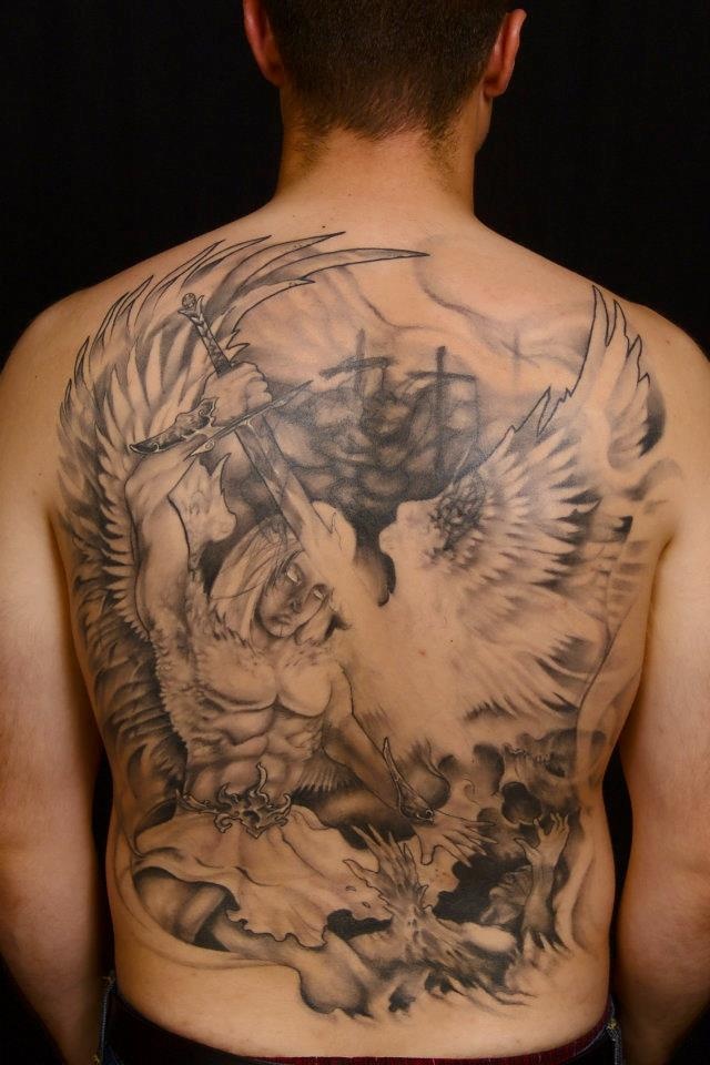 Awesome Black Ink Archangel Michael Tattoo On Man Full Back