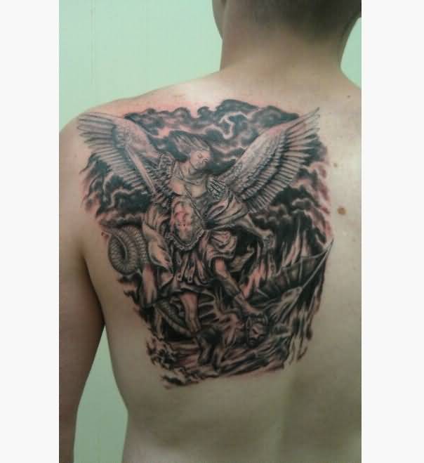 Awesome Black Ink Archangel Michael Tattoo On Man Left Back Shoulder