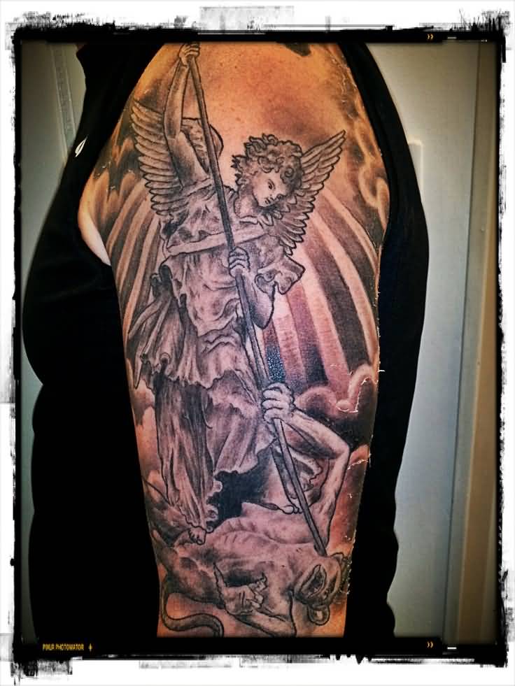 Awesome Black Ink Archangel Michael Tattoo On Man Left Half Sleeve
