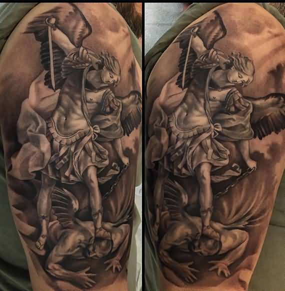 Awesome Black Ink Archangel Michael Tattoo On Man Right Half Sleeve