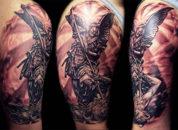 Awesome Black Ink Archangel Michael Tattoo On Right Half Sleeve