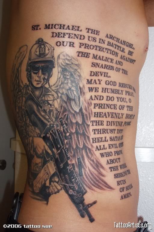 Awesome Black Ink Archangel Michael With Prayer Tattoo On Man Right Side Rib